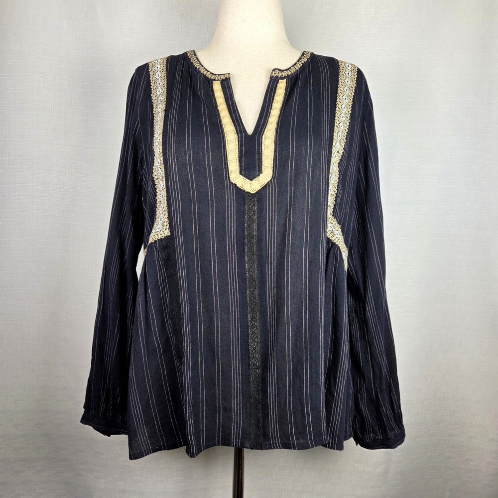J.Jill Black/Gold Striped Long Sleeve Boho Tunic Top with Embroidery‎ Women's M